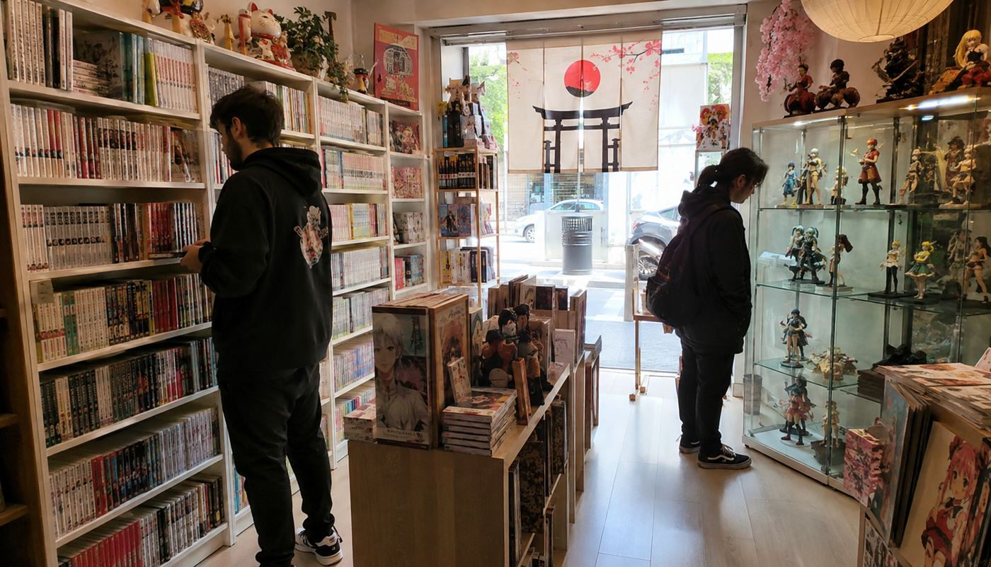 Interior de una tienda de manga con estanterías llenas de volúmenes y figuras